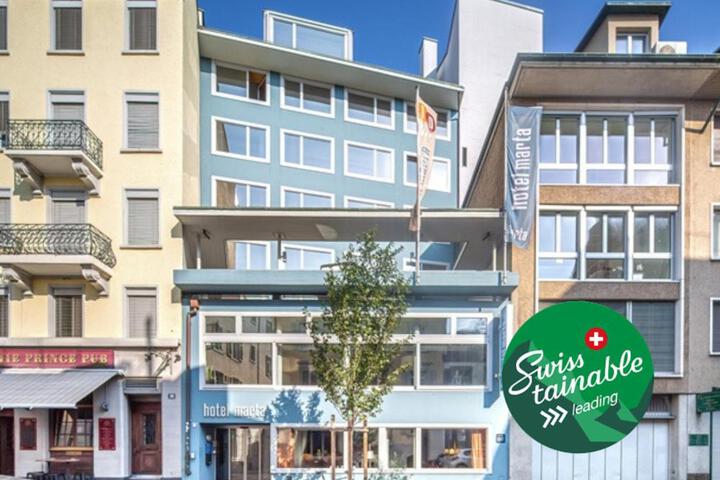 Exterior of Hotel Marta - 1950s architecture in Zurich's vibrant old town near main station